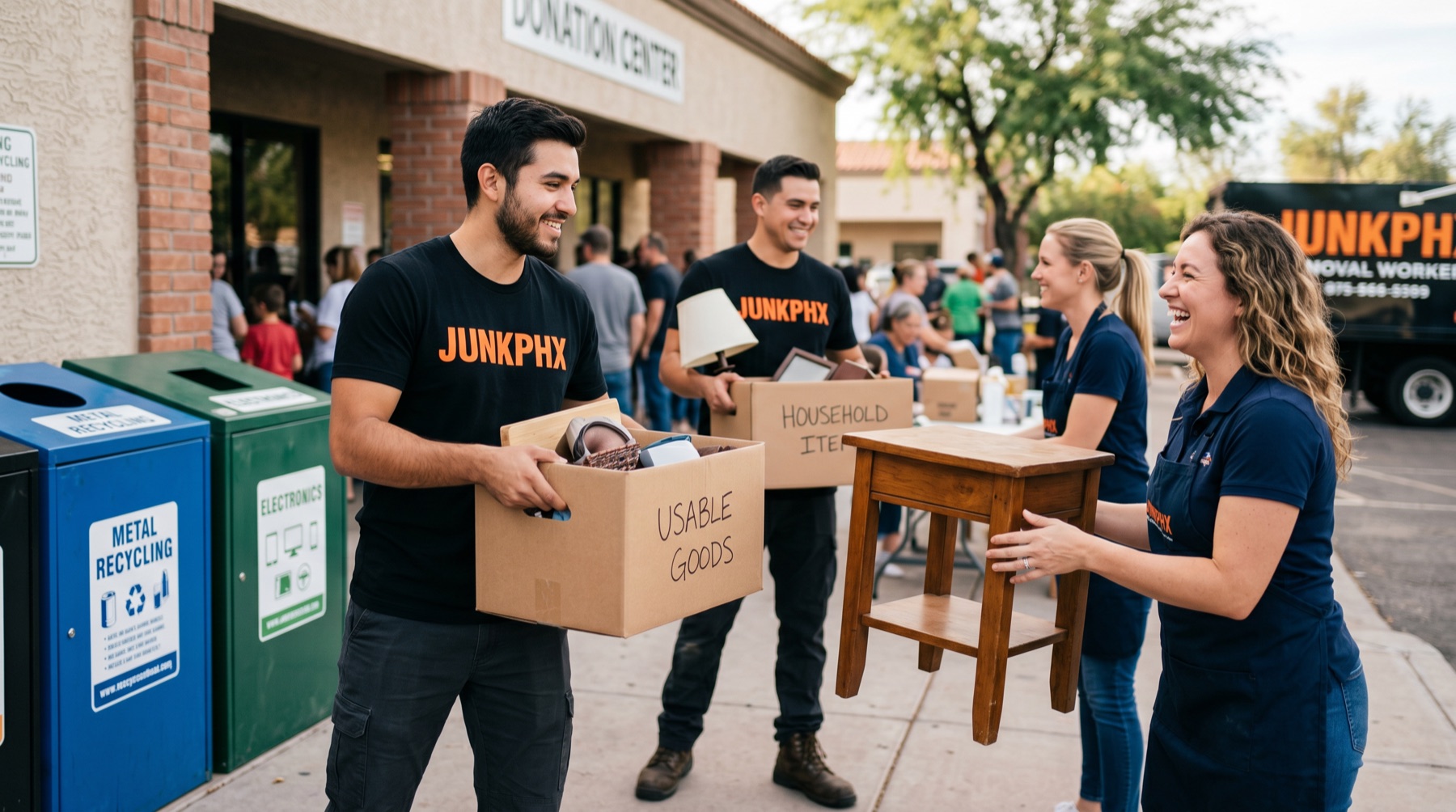 JunkPHX crew donating goods at a Phoenix charity center