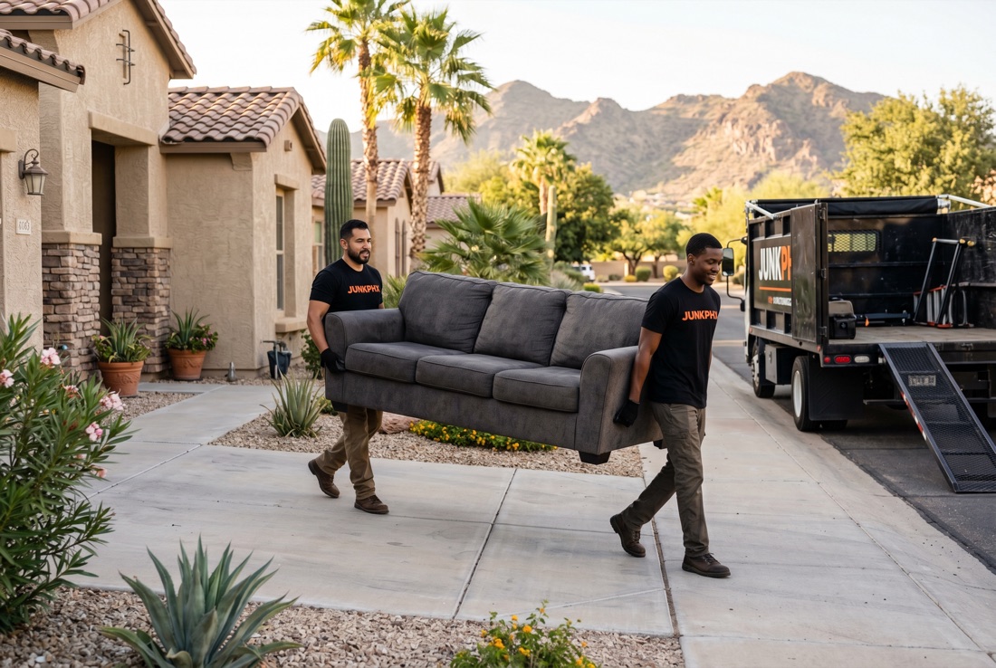 JunkPHX hauler carrying a sofa out of a Phoenix home
